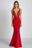 Sparkly Sheath Red V Neck Long Prom Dress With Sequins