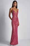 Sparkly Fuchsia Sheath Spaghetti Straps Long Formal Dress with Sequins