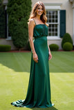 Dark Green A Line Spaghetti Straps Ruched Long Formal Dress