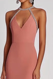 Sheath Pink Beaded Halter Long Chiffon Formal Dress