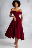 Burgundy A Line Off The Shoulder Midi Formal Dress