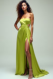 Lemon Green A Line Strapless Hollow Out Long Formal Dress With Slit