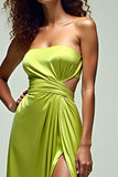 Lemon Green A Line Strapless Hollow Out Long Formal Dress With Slit