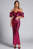 Sparkly Fuchsia Sheath Off The Shoulder Sequin Long Formal Dress