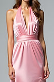 Pink A Line Halter Ruched Long Satin Formal Dress