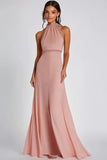 Sparkly Pink Sheath Beaded Halter Long Formal Dress