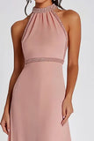 Sparkly Pink Sheath Beaded Halter Long Formal Dress