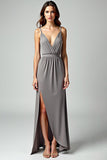 Grey Sheath Spaghetti Straps Wrap Satin Long Formal Dress with Slit