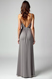 Grey Sheath Spaghetti Straps Wrap Satin Long Formal Dress with Slit