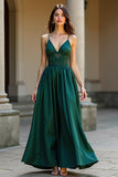 Dark Green A-Line Spaghetti Straps Satin Long Formal Dress with Sequins