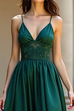 Dark Green A-Line Spaghetti Straps Satin Long Formal Dress with Sequins