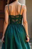 Dark Green A-Line Spaghetti Straps Satin Long Formal Dress with Sequins