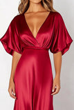 Red Sheath Short Sleeve Satin Deep V Neck Long Formal Dress