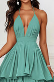 Green A-Line Spaghetti Straps Ruffles Long Formal Dress