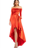 Orange Sheath Off the Shoulder Long Sleeve Pleated Satin Hi-Low Formal Dress