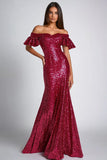 Burgundy Off The Shoulder Mermaid Sequins Long Formal Dress