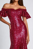 Burgundy Off The Shoulder Mermaid Sequins Long Formal Dress