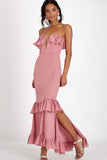 Mermaid Pink Strapless Sequin Long Formal Dress with Slit