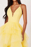 Yellow Spaghetti Straps A Line Tulle Long Formal Dress