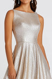 Glitter Champagne Boat Neck A Line Long Formal Dress