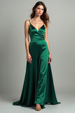 Dark Green A Line Satin Spaghetti Straps Long Prom Dress