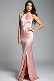 Pink Satin Halter Mermaid Long Formal Dress