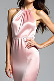 Pink Satin Halter Mermaid Long Formal Dress