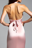 Pink Satin Halter Mermaid Long Formal Dress