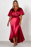 Sheath Red Satin Short Sleeves V Neck Long Formal Dress