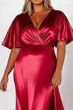 Sheath Red Satin Short Sleeves V Neck Long Formal Dress