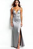 Sheath Grey Spaghetti Straps Stretch Satin Long Formal Dress with Slit