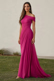 Sheath Fuchsia Chiffon One Shoulder Pleaed Long Formal Dress