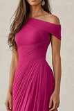 Sheath Fuchsia Chiffon One Shoulder Pleaed Long Formal Dress