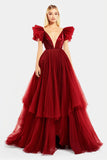 Red V Neck A Line Tulle Pleated Long Prom Dress with Slit