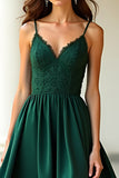 A Line Dark Green Spaghetti Straps Lace Long Formal Dress