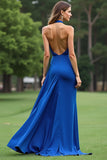 Royal Blue A Line Halter Cut Out Satin Long Formal Dress