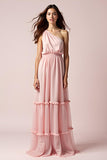 Pink One Shoulder Sheath Pleated Long Formal Dress