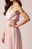 Pink One Shoulder Sheath Pleated Long Formal Dress