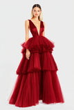 Red Spaghetti Straps A Line Pleated Long Formal Dress