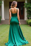 Sheath Satin Green Spaghetti Straps Ruched Long Formal Dress