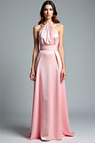 Pink Satin Halter A Line Pleated Long Formal Dress