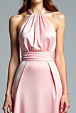 Pink Satin Halter A Line Pleated Long Formal Dress