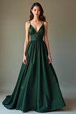 Dark Green  A Line Spaghetti Straps Satin Long Formal Dress