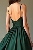 Dark Green  A Line Spaghetti Straps Satin Long Formal Dress