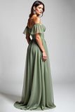 Off the Shoulder A Line Dusty Sage Chiffon Formal Dress