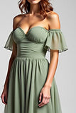 Off the Shoulder A Line Dusty Sage Chiffon Formal Dress