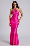 Halter Stretch Satin Fuchsia Sheath Formal Dress