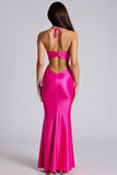 Halter Stretch Satin Fuchsia Sheath Formal Dress