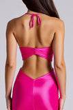 Halter Stretch Satin Fuchsia Sheath Formal Dress