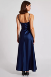 Stretch Satin Navy Spaghetti Straps Sheath Formal Dress